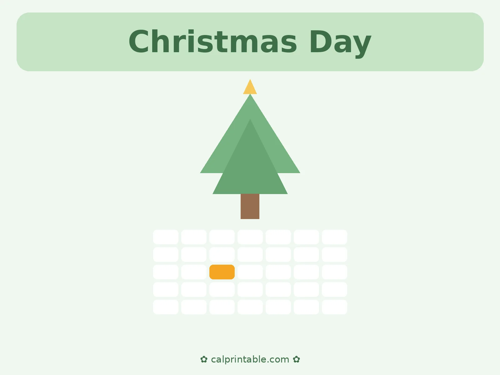 Christmas Day 2026 calendar — December 25, 2026 highlighted, printable