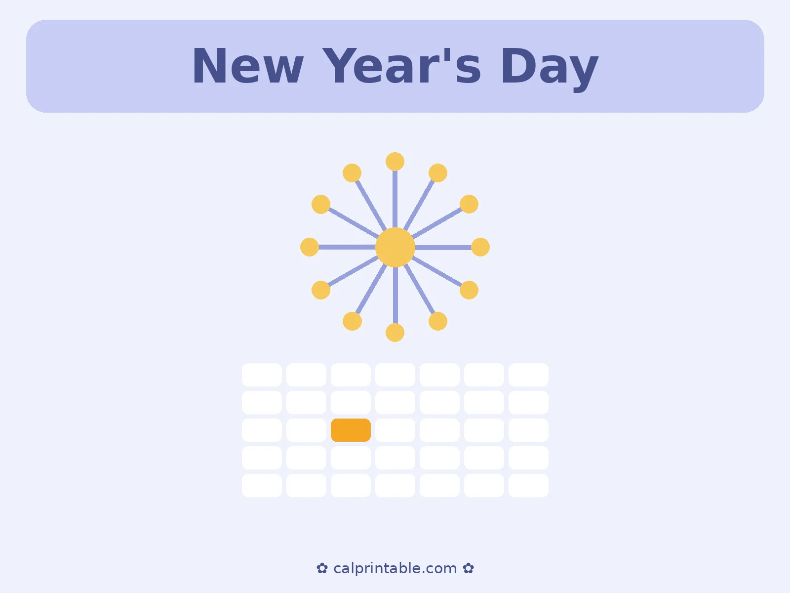 New Year's Day 2027 calendar — January 1, 2027 highlighted, printable