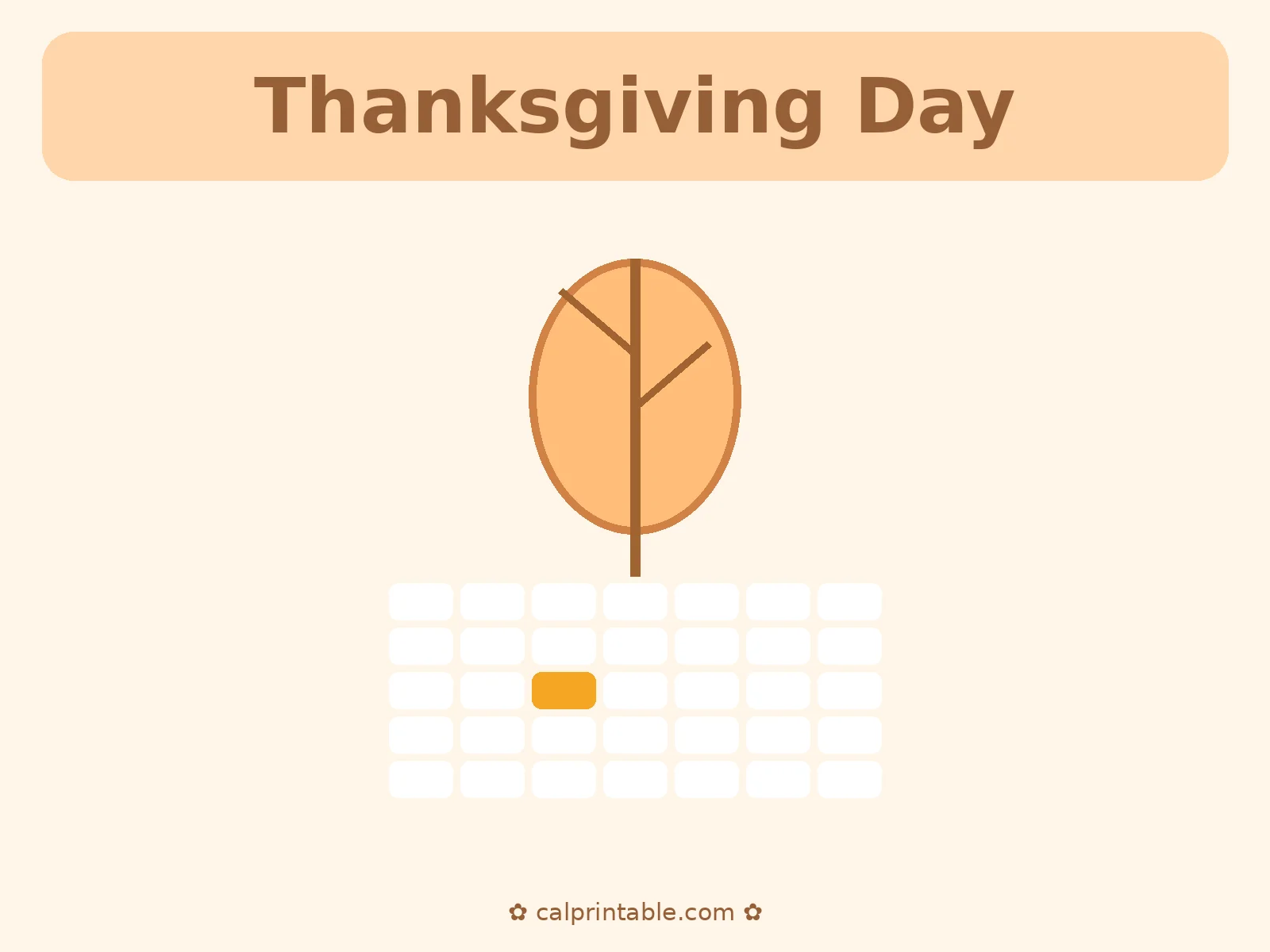 Thanksgiving Day 2026 calendar — November 26, 2026 highlighted, printable
