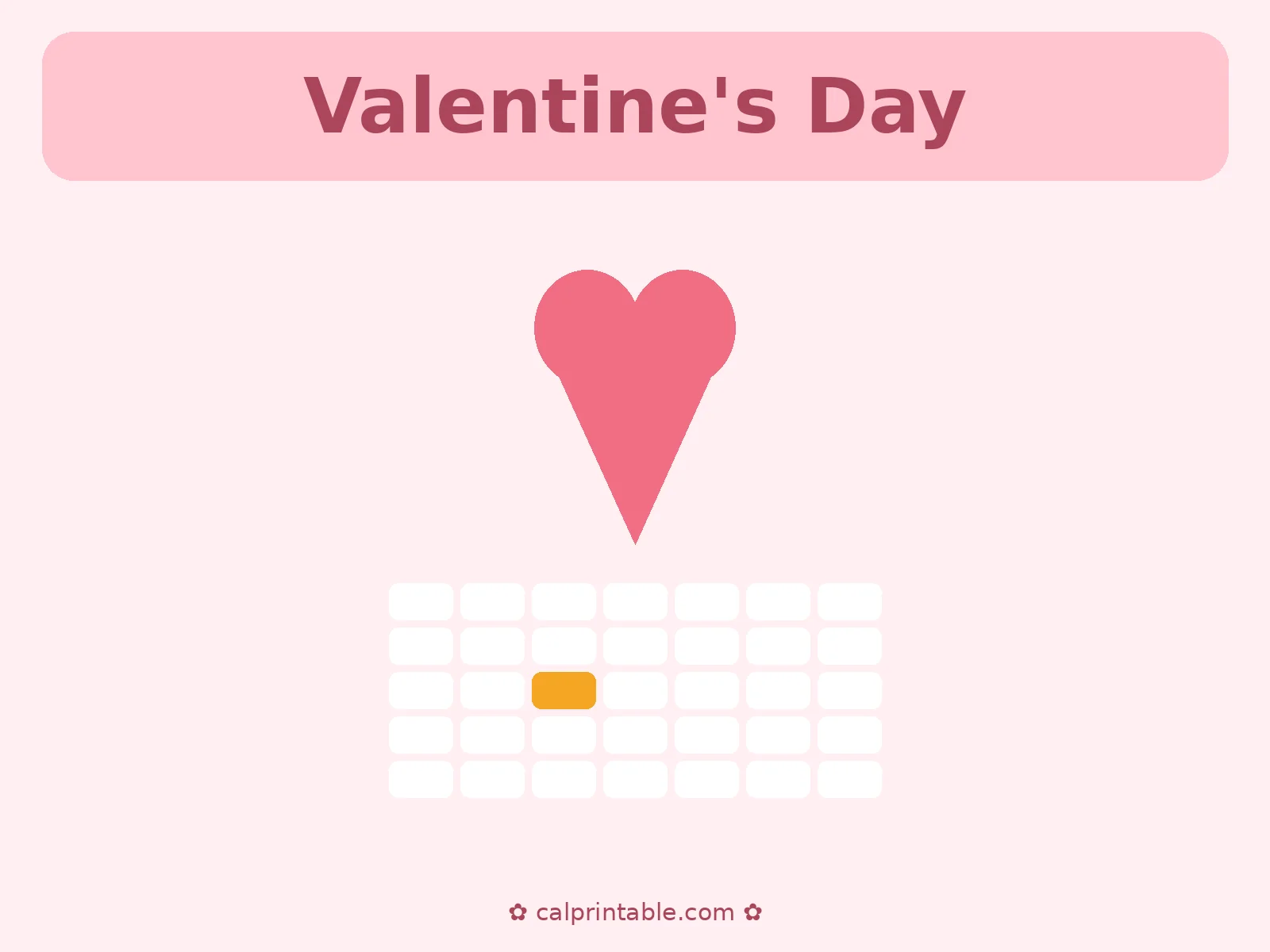 Valentine's Day 2027 calendar — February 14, 2027 highlighted, printable