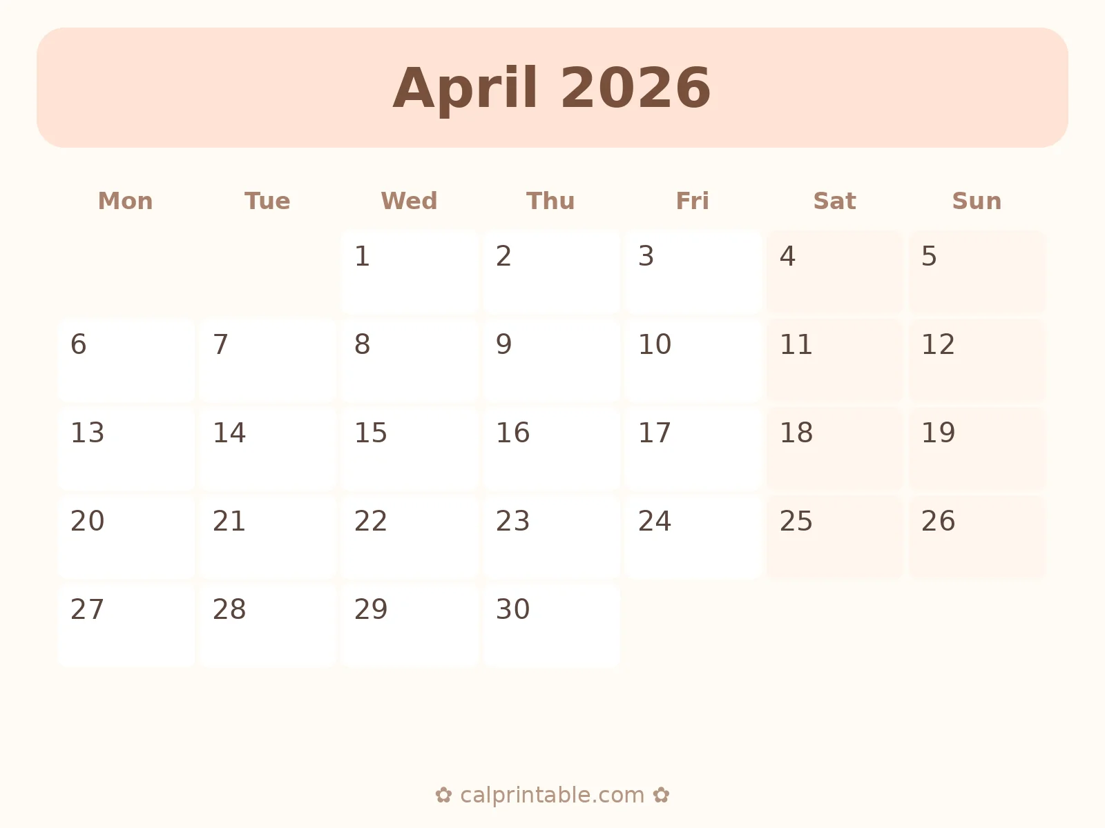 Calendário de Abril de 2026 para imprimir