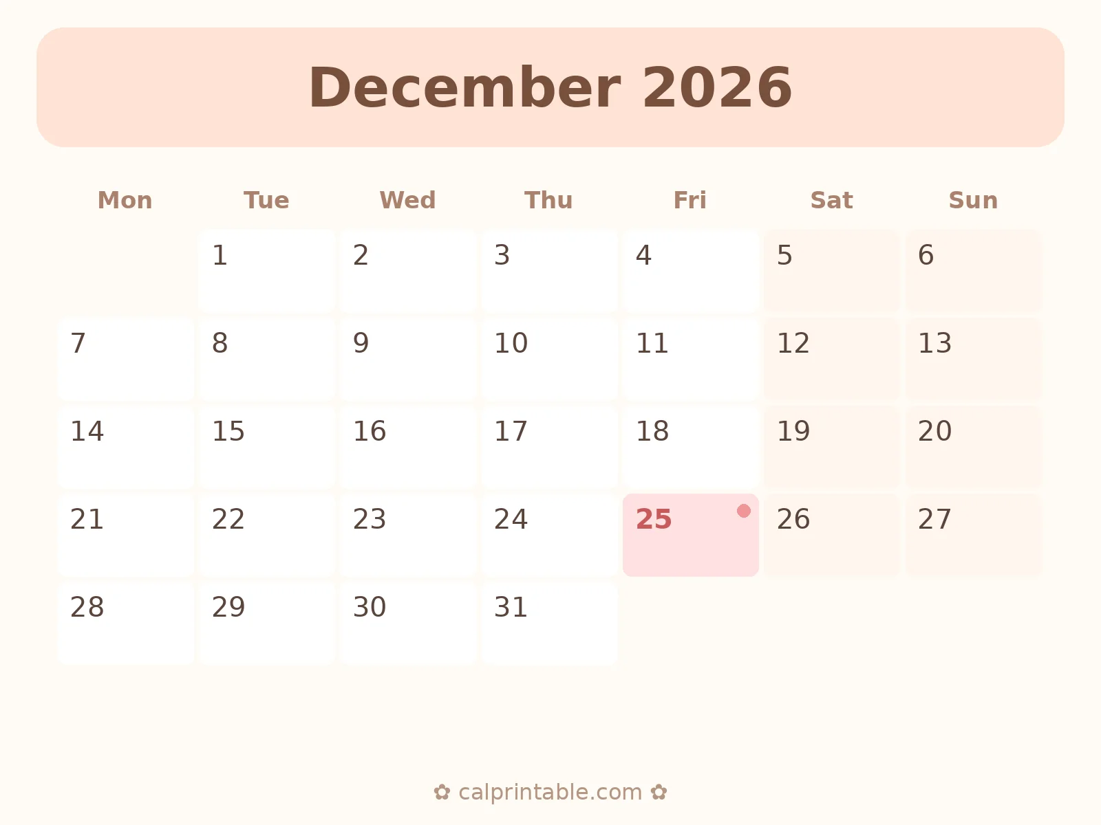 Calendário de Dezembro de 2026 para imprimir