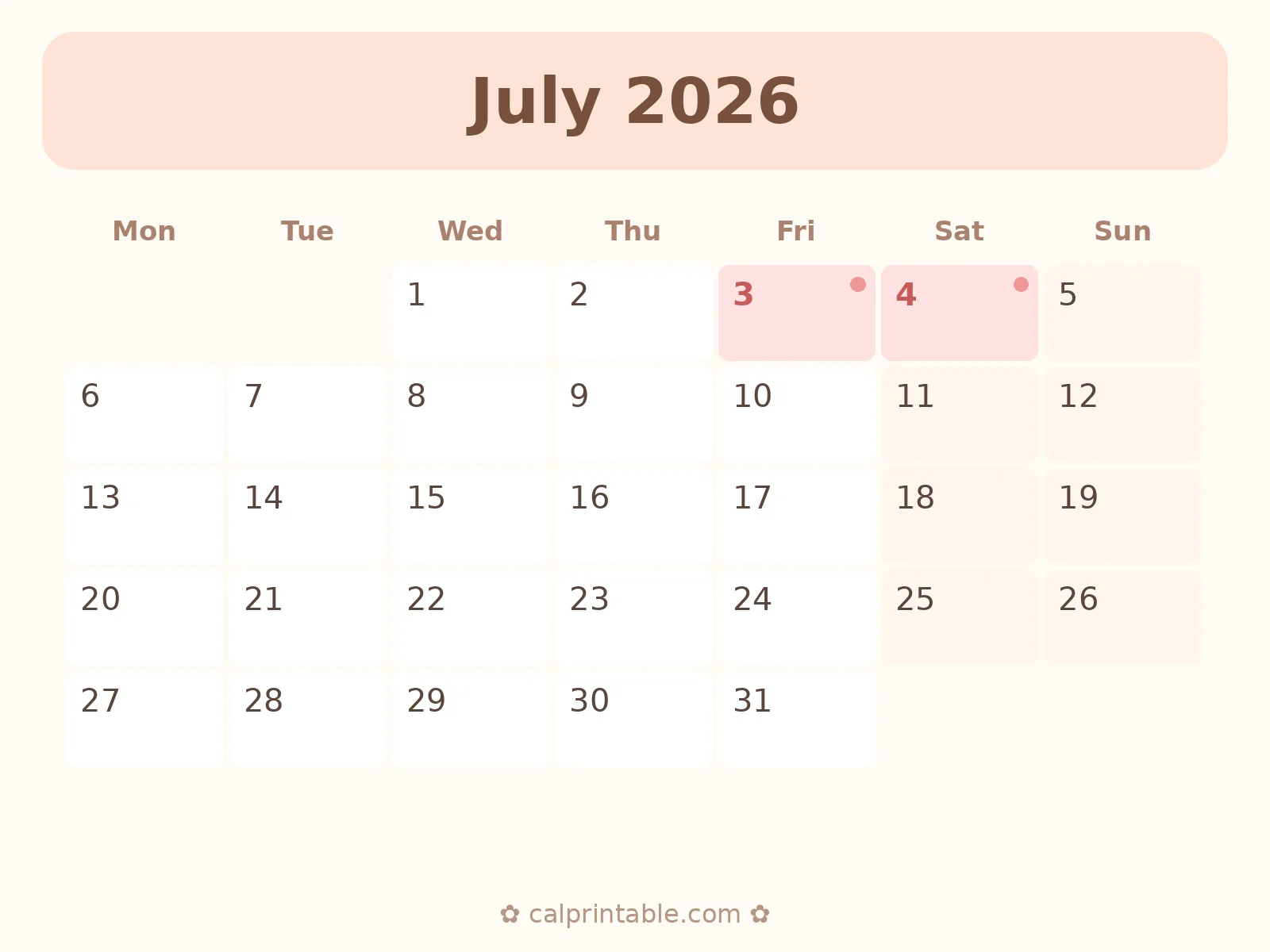 Calendário de Julho de 2026 para imprimir