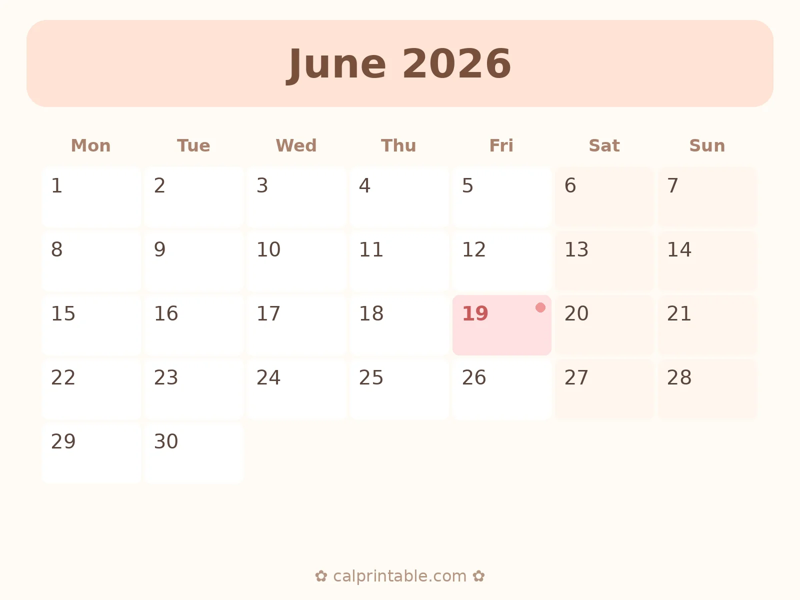 Calendário de Junho de 2026 para imprimir