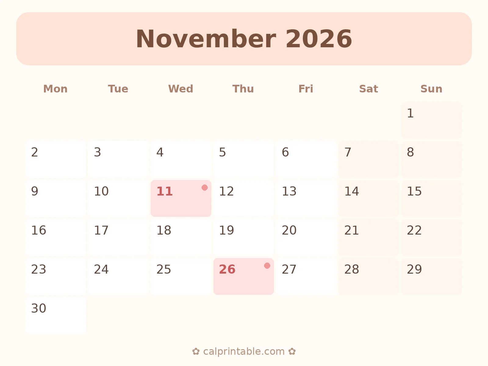 Calendário de Novembro de 2026 para imprimir