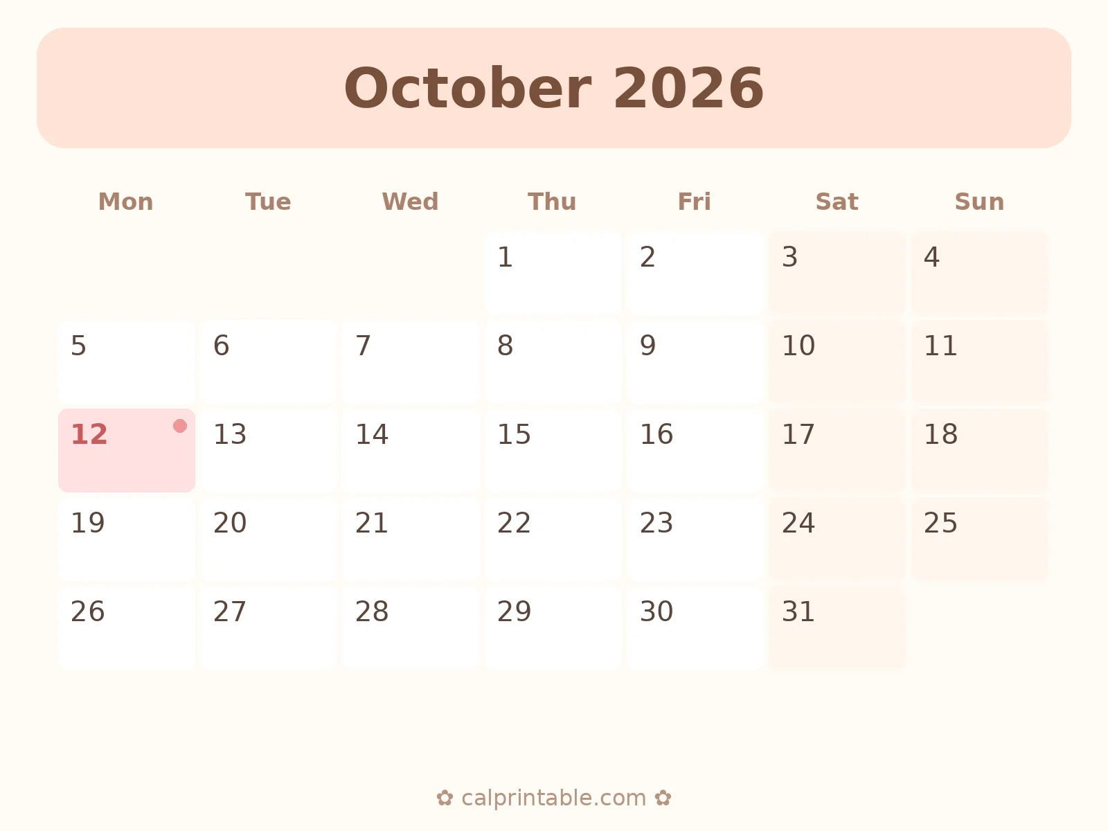Calendário de Outubro de 2026 para imprimir