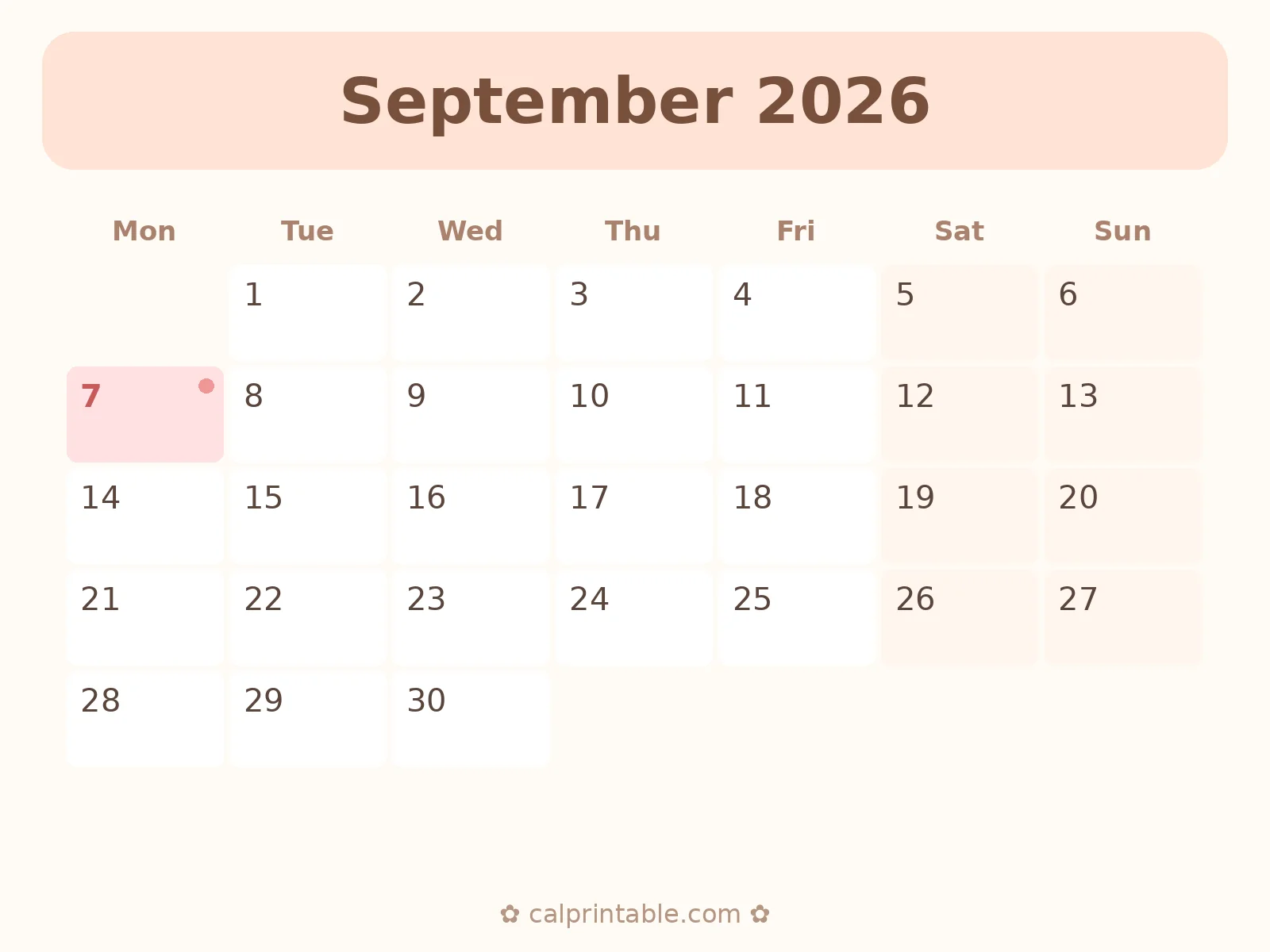 Calendário de Setembro de 2026 para imprimir