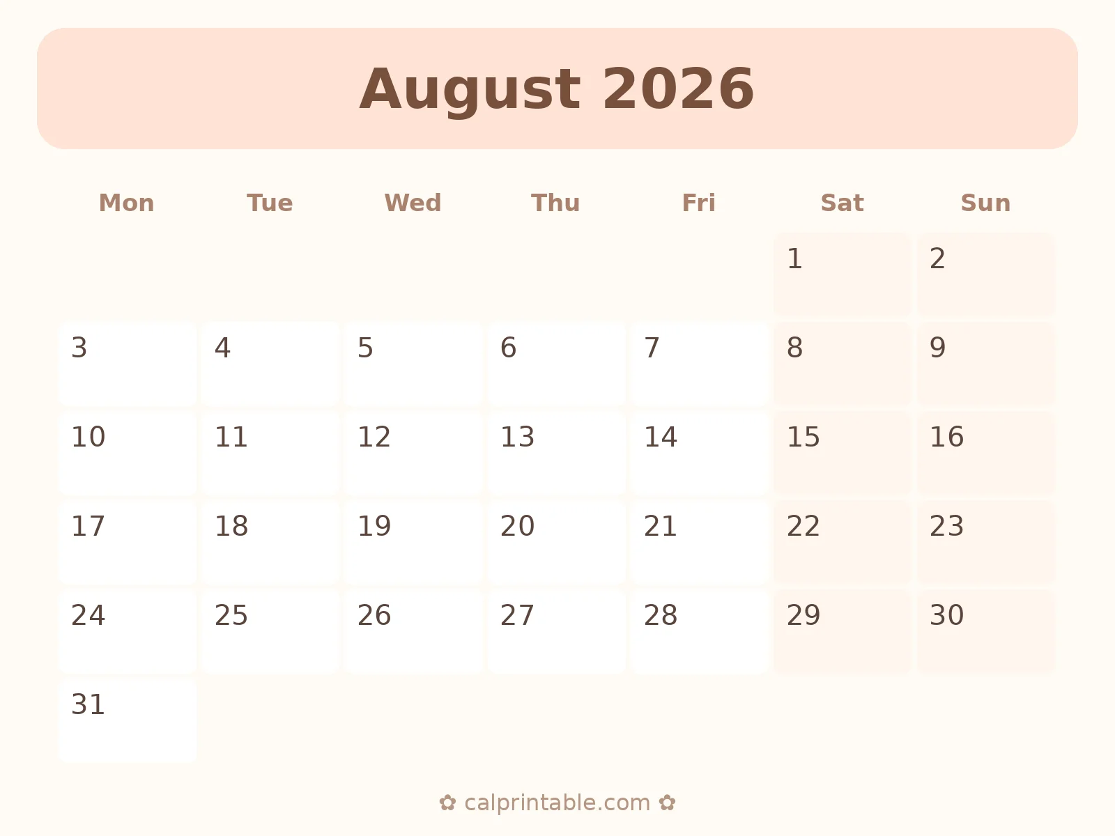 August & September 2026 Calendar — printable