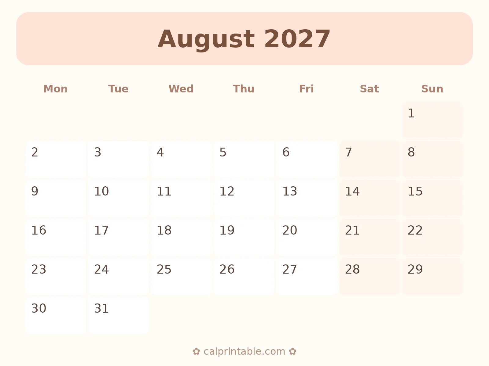 August & September 2027 Calendar — printable