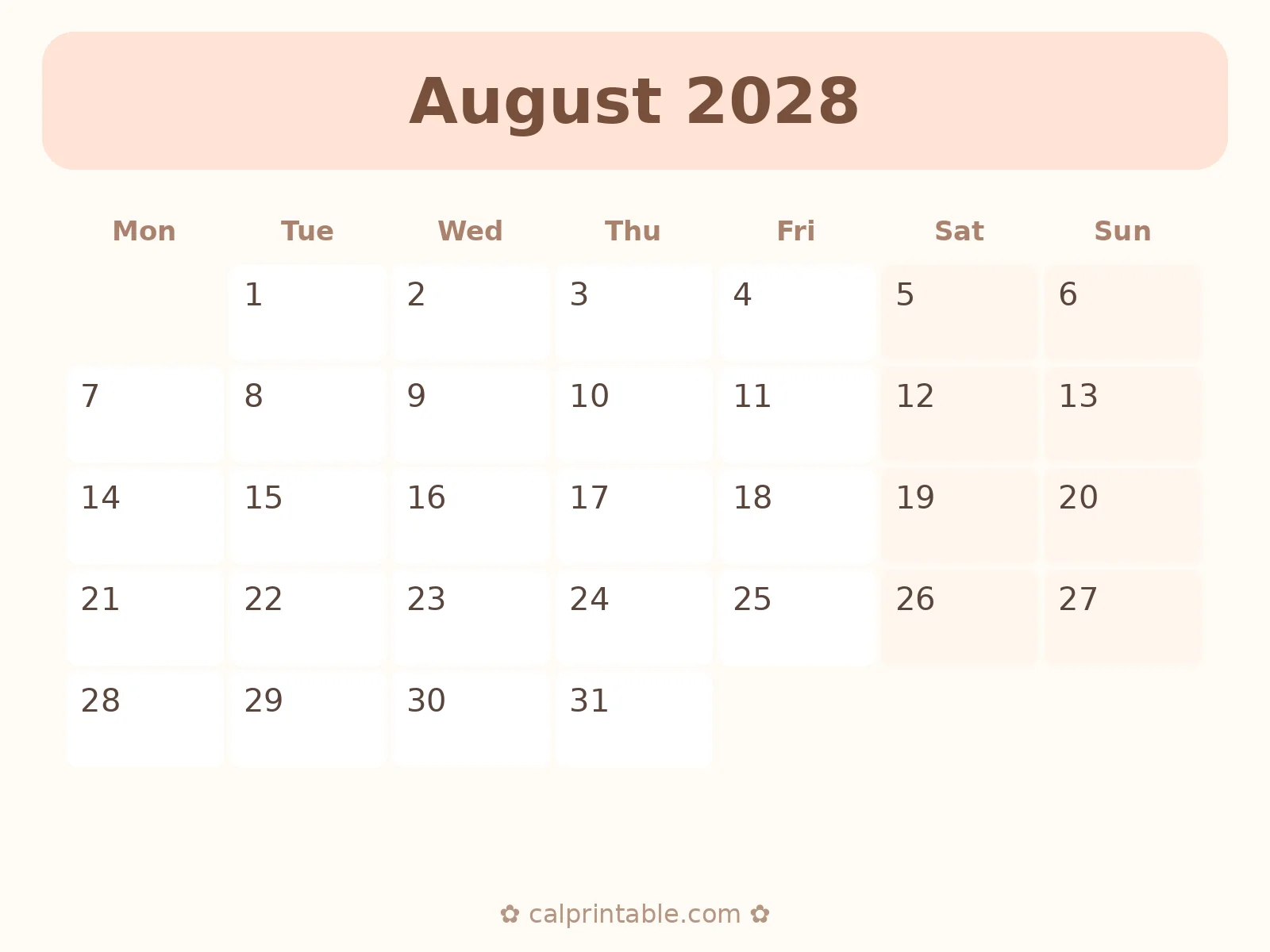August & September 2028 Calendar — printable