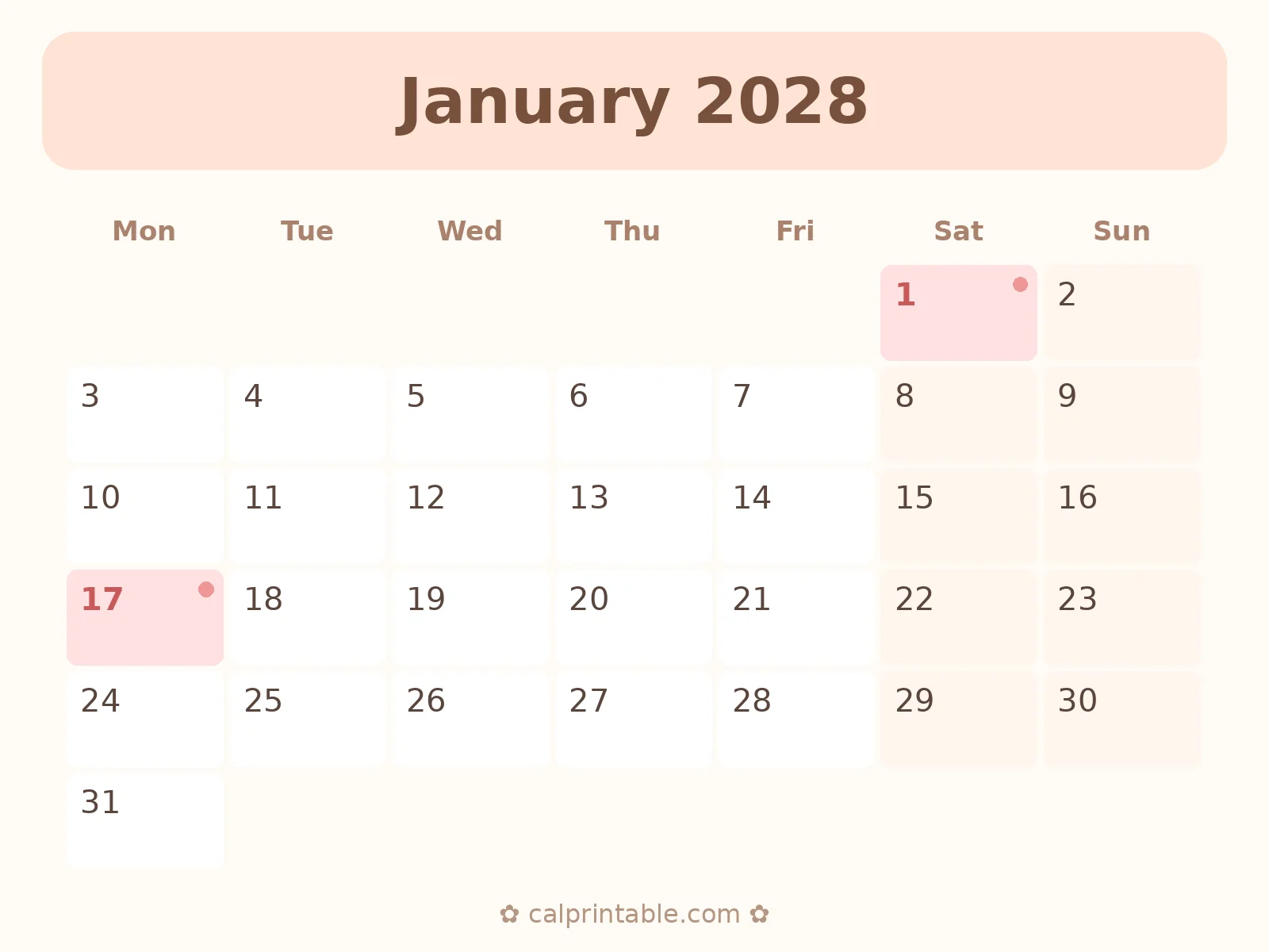 January & February 2028 Calendar — printable