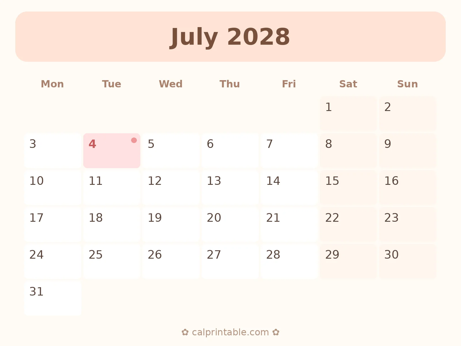 July & August 2028 Calendar — printable
