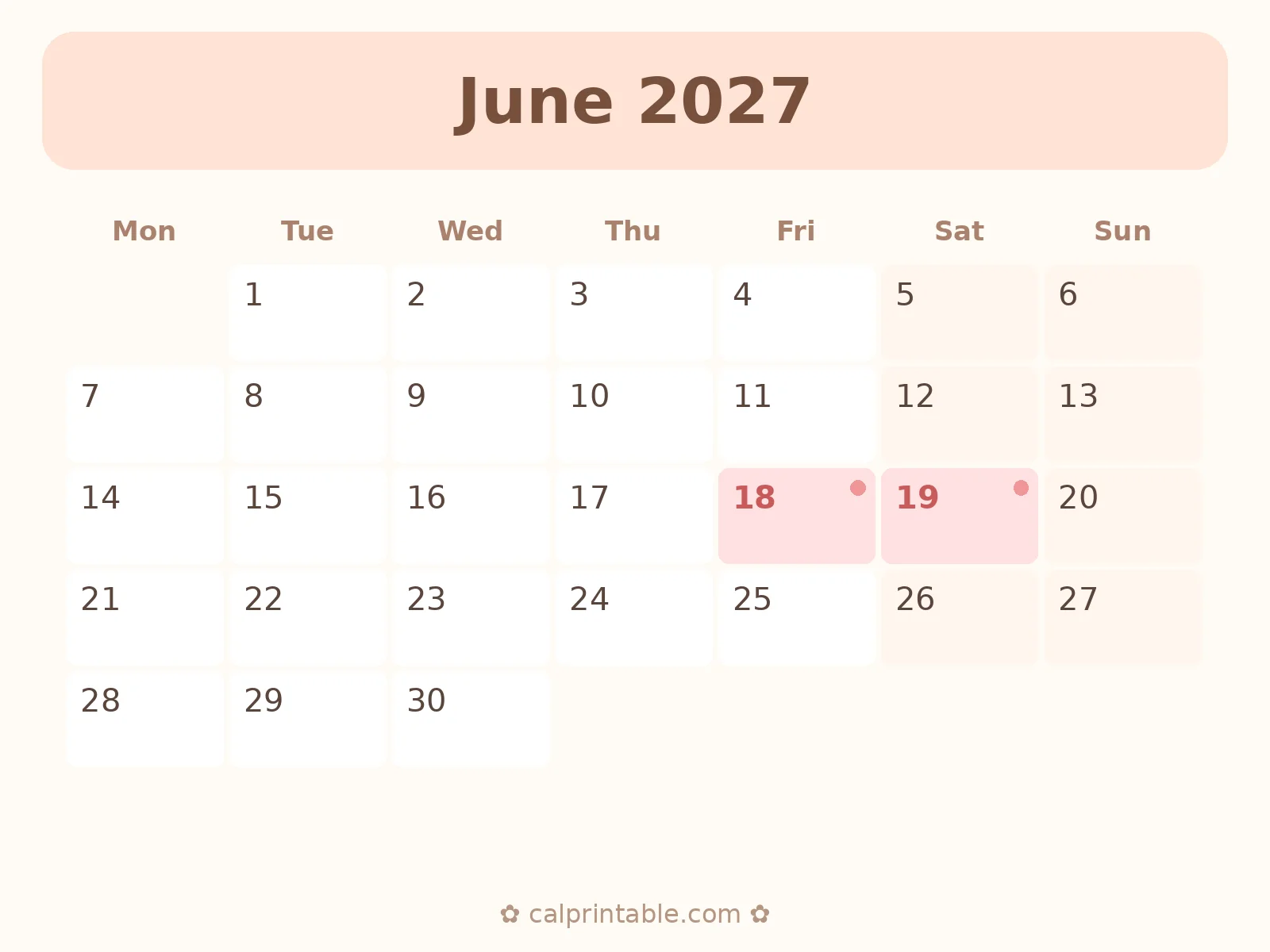 June & July 2027 Calendar — printable