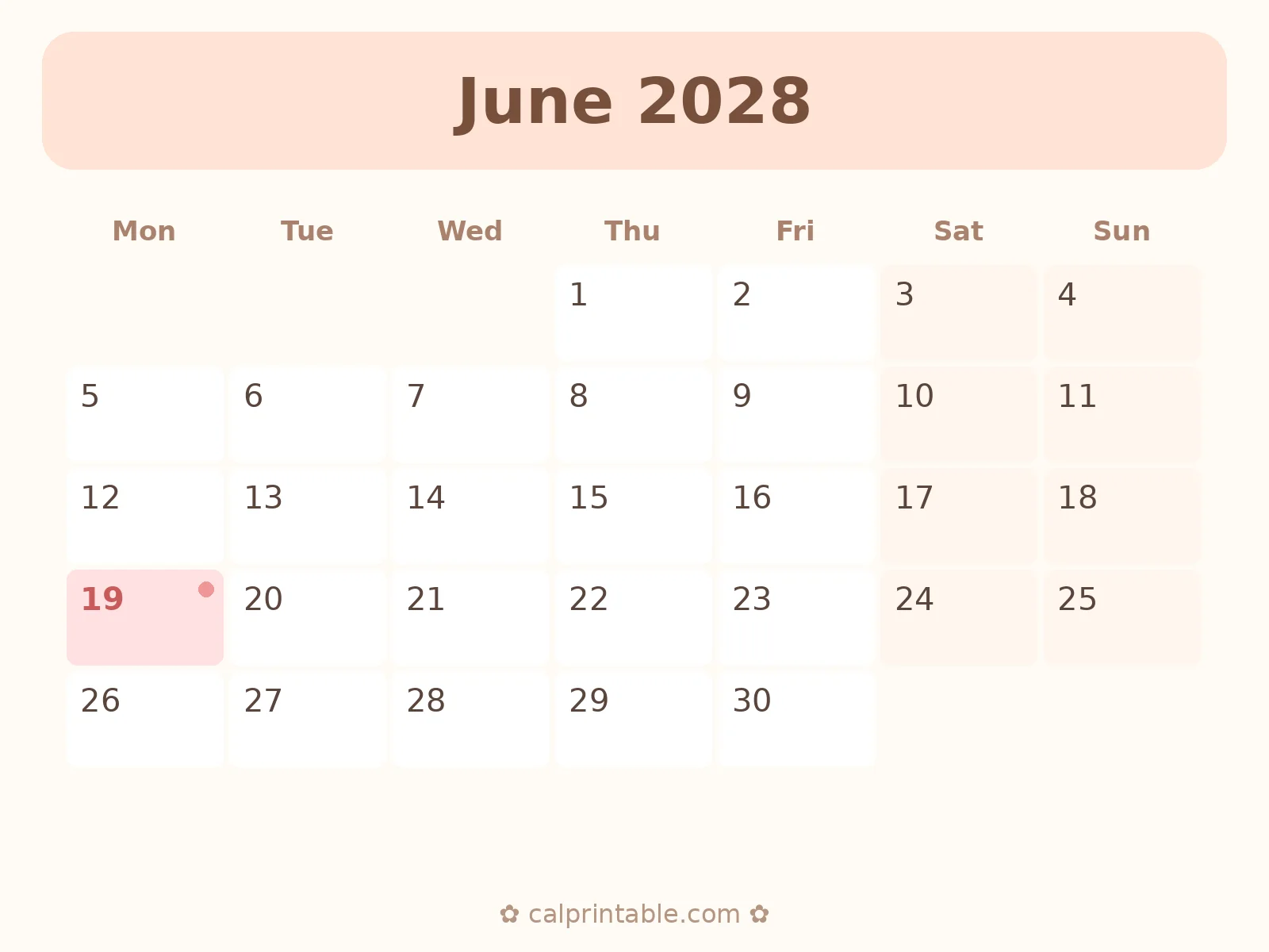 June & July 2028 Calendar — printable