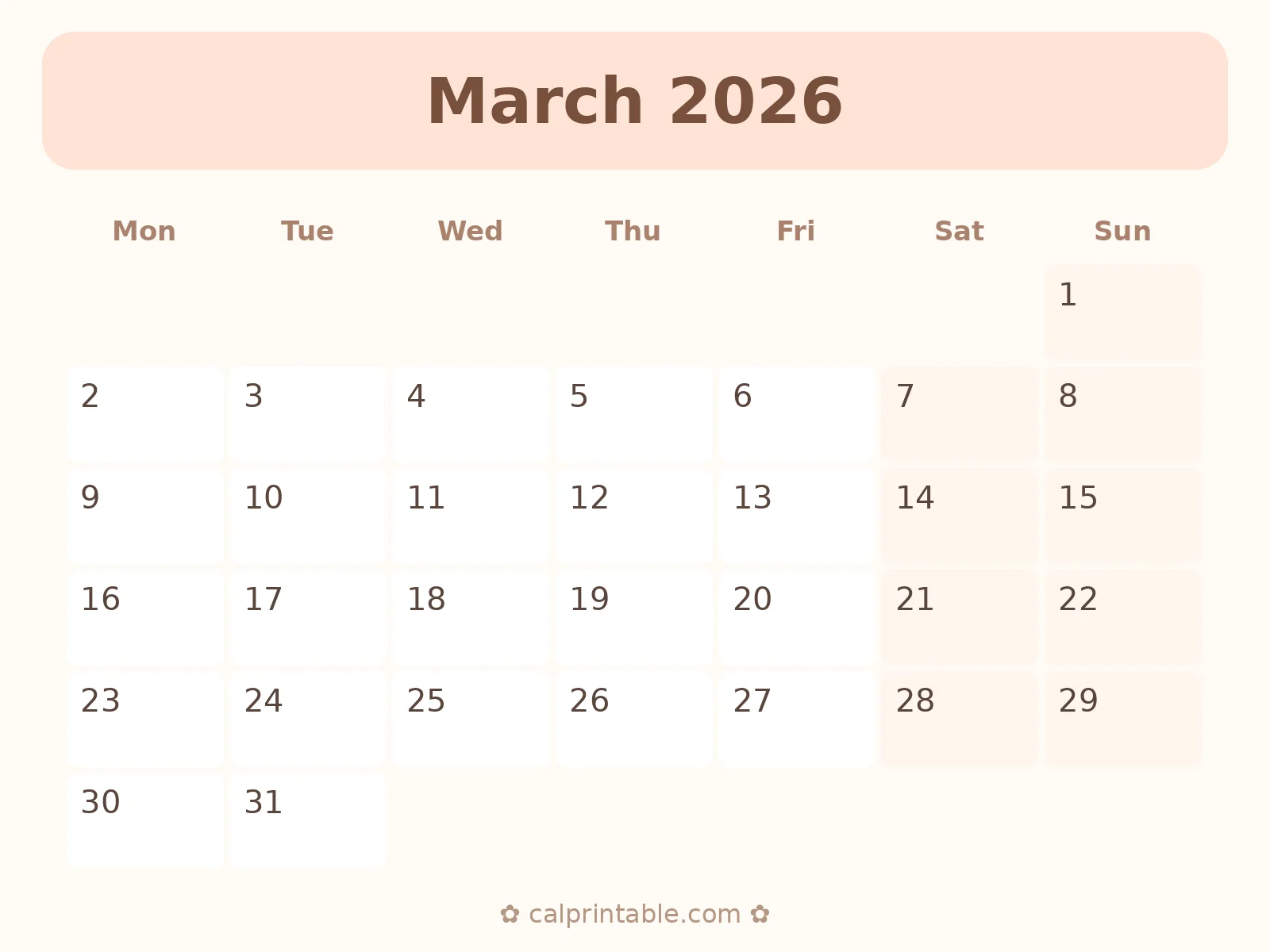 March & April 2026 Calendar — printable
