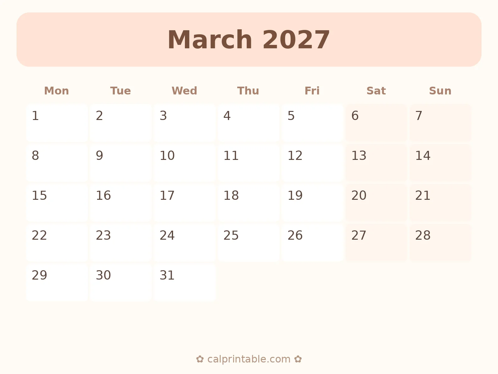 March & April 2027 Calendar — printable