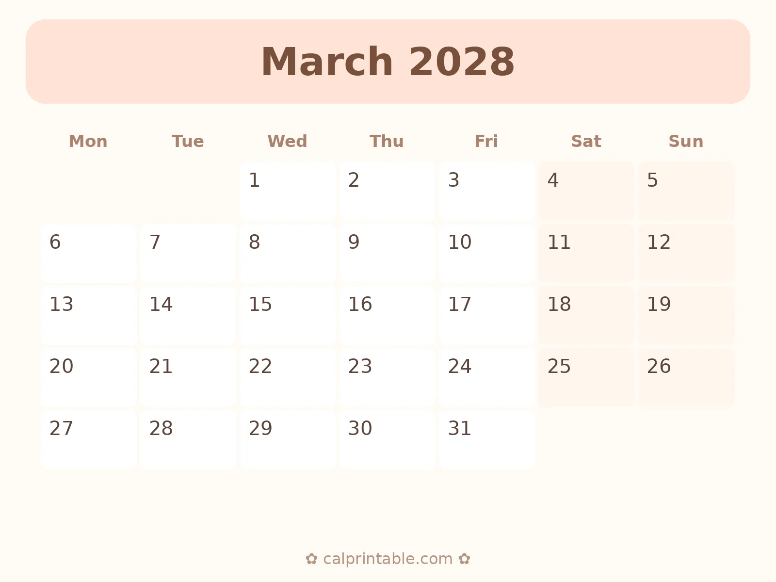 March & April 2028 Calendar — printable