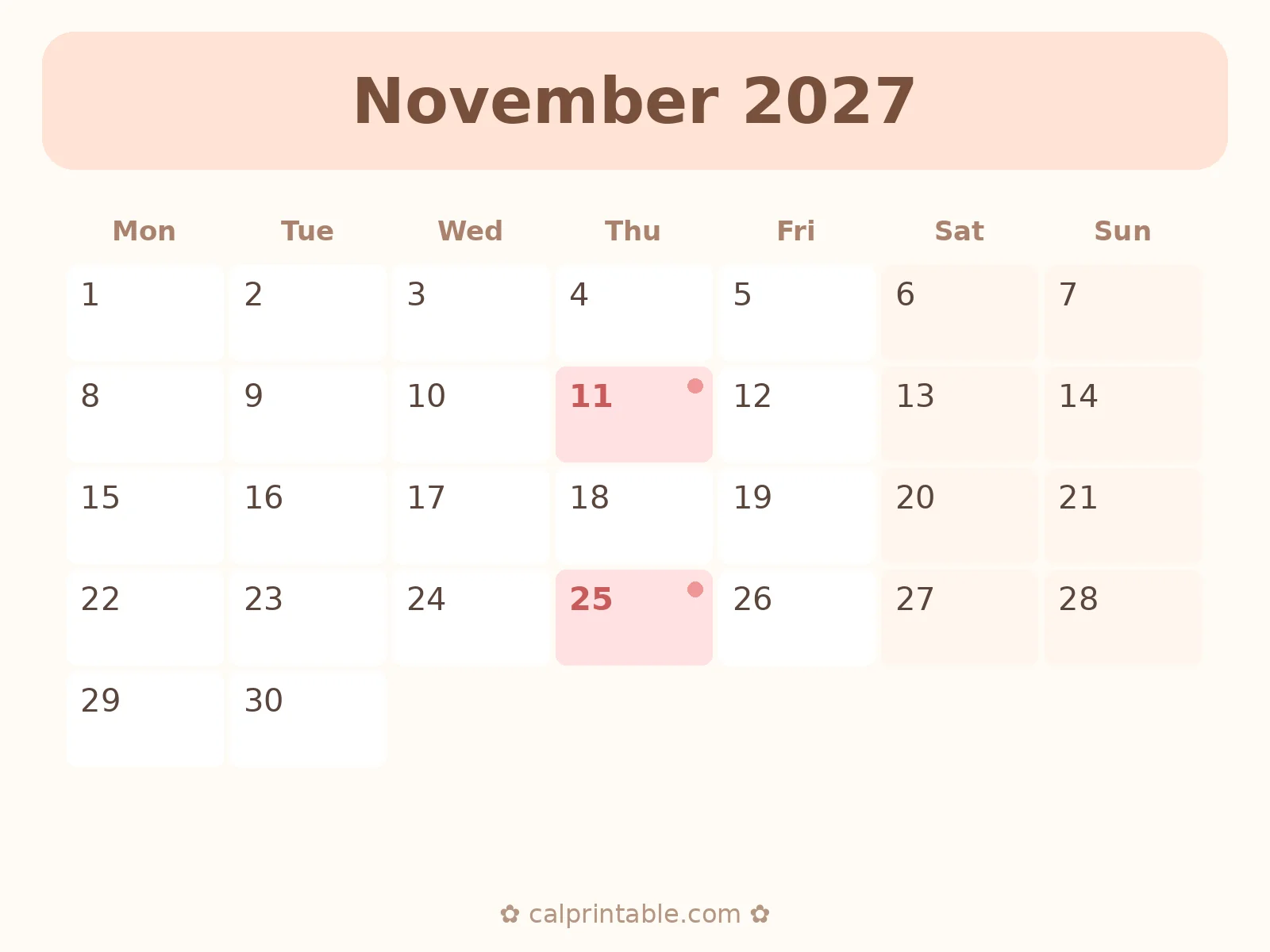 November & December 2027 Calendar — printable