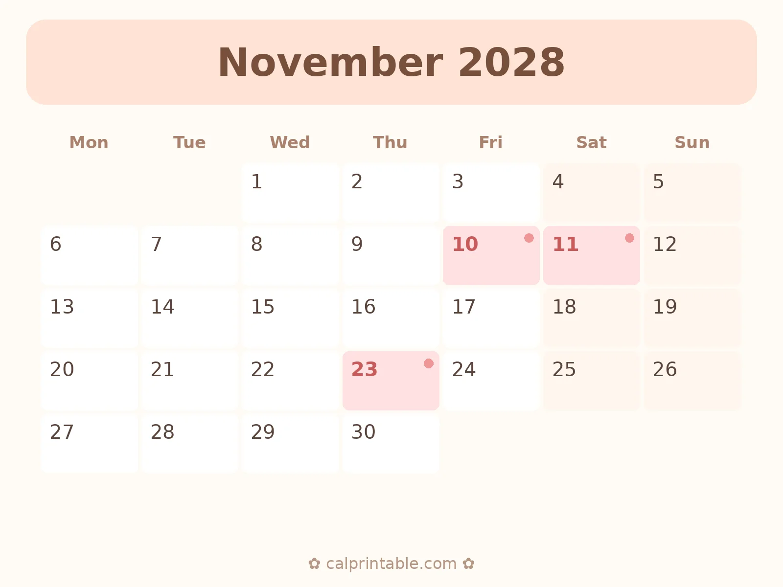 November & December 2028 Calendar — printable