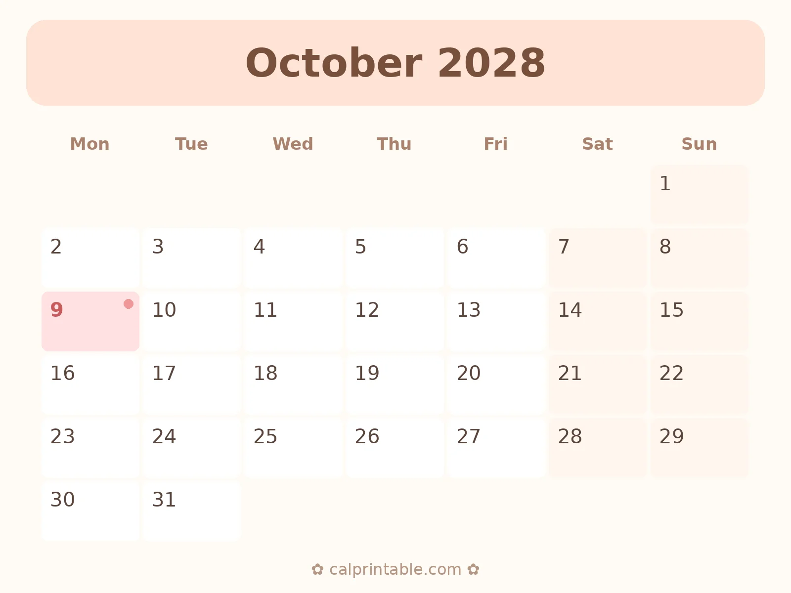 October & November 2028 Calendar — printable